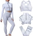 Women 3pcs Seamless Workout Outfits Sets, Yoga Sportswear Tracksuit Leggings and Stretch Sports Bra Fitness