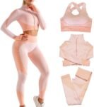 Women 3pcs Seamless Workout Outfits Sets, Yoga Sportswear Tracksuit Leggings and Stretch Sports Bra Fitness