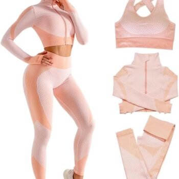 Women 3pcs Seamless Workout Outfits Sets, Yoga Sportswear Tracksuit Leggings and Stretch Sports Bra Fitness