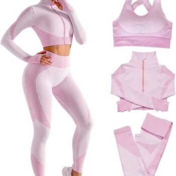Women 3pcs Seamless Workout Outfits Sets, Yoga Sportswear Tracksuit Leggings and Stretch Sports Bra Fitness
